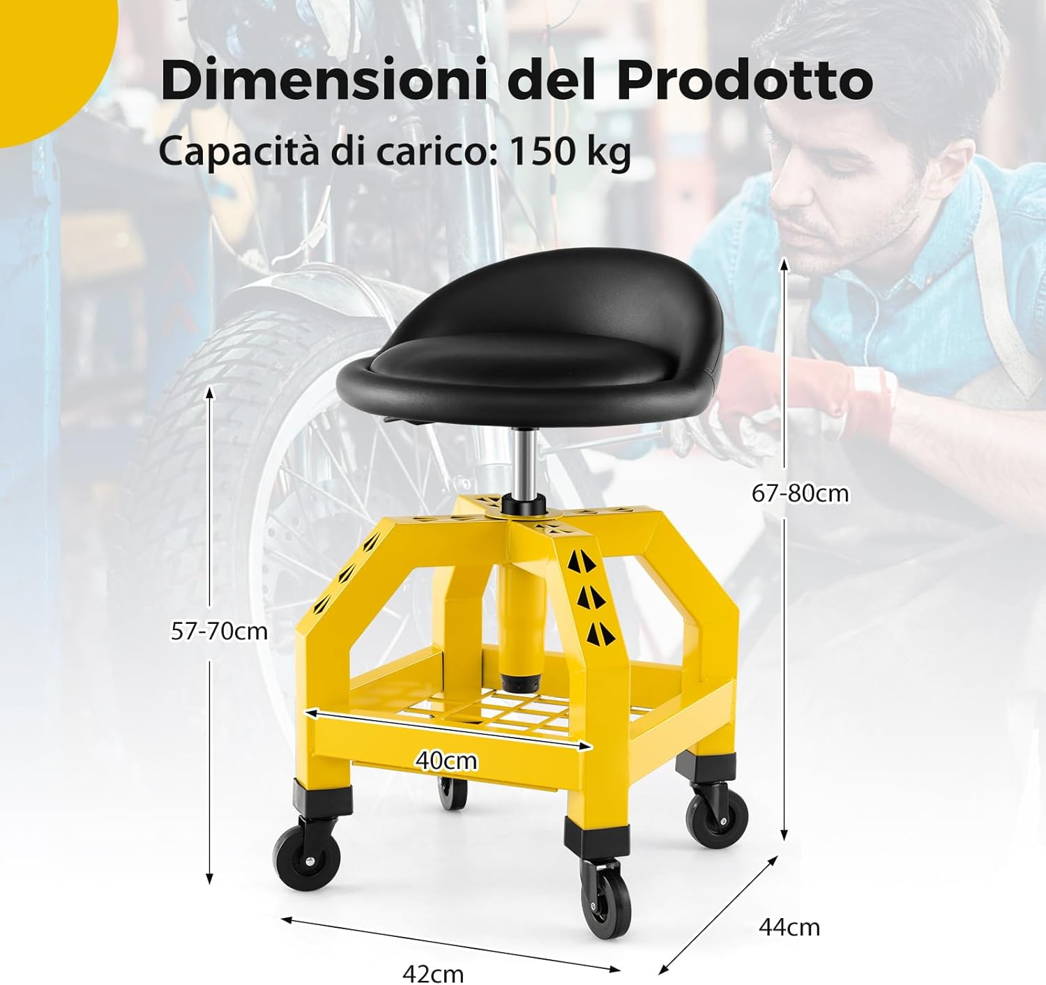 Sgabello da Officina, Sgabello Meccanico Rotante con Vassoio Porta Attrezzi, Regolabile in Altezza e 4 Ruote Universali, Capacità di 150 kg, per Garage, Officina (Giallo)
