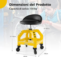 Sgabello da Officina, Sgabello Meccanico Rotante con Vassoio Porta Attrezzi, Regolabile in Altezza e 4 Ruote Universali, Capacità di 150 kg, per Garage, Officina (Giallo)