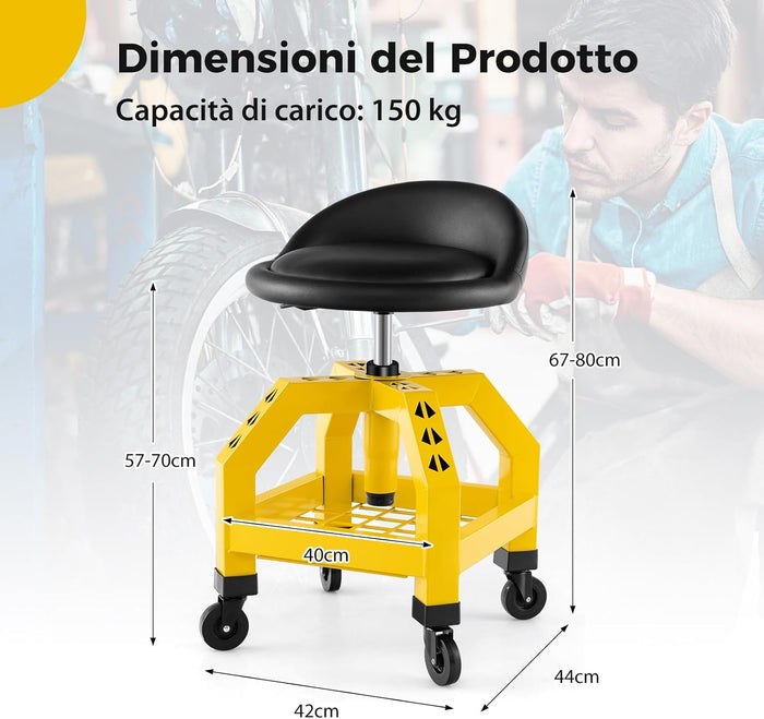 Sgabello da Officina, Sgabello Meccanico Rotante con Vassoio Porta Attrezzi, Regolabile in Altezza e 4 Ruote Universali, Capacità di 150 kg, per Garage, Officina (Giallo)