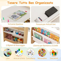 Set Tavolo e Sedia per Bambini, Tavolo in Materiale Sicuro con Lavagna e Sedia, Lavagna Bianca, Rotolo di Carta, 2 Ripiani Aperti e Libreria a 2 Ripiani, Ideale per Disegno (Naturale)