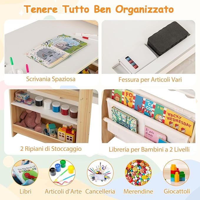 Set Tavolo e Sedia per Bambini, Tavolo in Materiale Sicuro con Lavagna e Sedia, Lavagna Bianca, Rotolo di Carta, 2 Ripiani Aperti e Libreria a 2 Ripiani, Ideale per Disegno (Naturale)