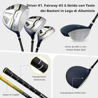 Set Completo di Mazze da Golf con Sacca a Treppiede, Include con Driver 1 da 460CC, Legno 3, Ibrido, Ferri 5, 6, 7, 8, 9, P, S, Putter e Copertura Antipioggia per Destrimani