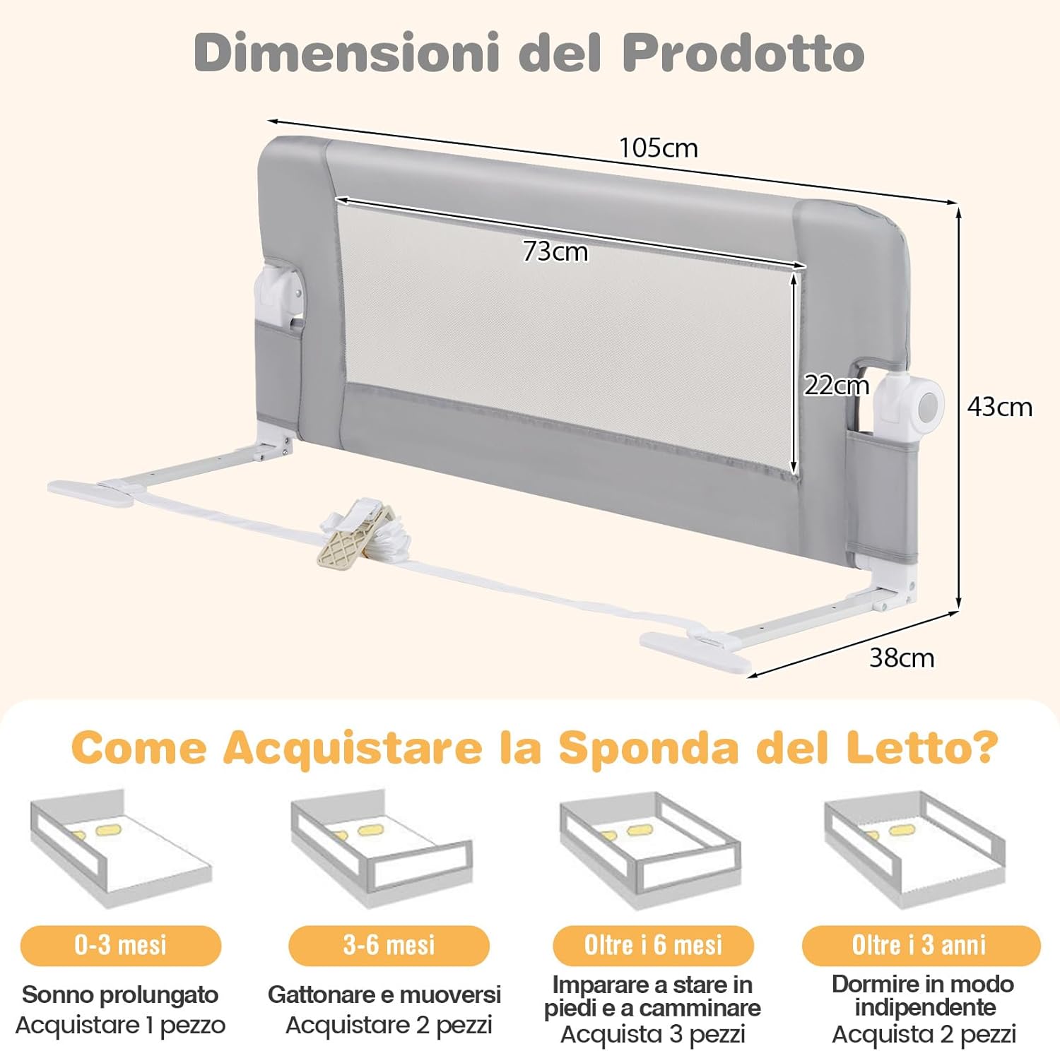 Sponda Letto per Bambini 105/120/150 cm, Barriera di Sicurezza per Neonati, Barriera Letto Pieghevole e Portatile, con Cinghia di Sicurezza (Grigio, 105 x 38 x 43 cm)