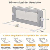 Sponda Letto per Bambini 105/120/150 cm, Barriera di Sicurezza per Neonati, Barriera Letto Pieghevole e Portatile, con Cinghia di Sicurezza (Grigio, 105 x 38 x 43 cm)