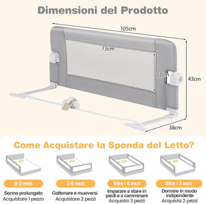 Sponda Letto per Bambini 105/120/150 cm, Barriera di Sicurezza per Neonati, Barriera Letto Pieghevole e Portatile, con Cinghia di Sicurezza (Grigio, 105 x 38 x 43 cm)