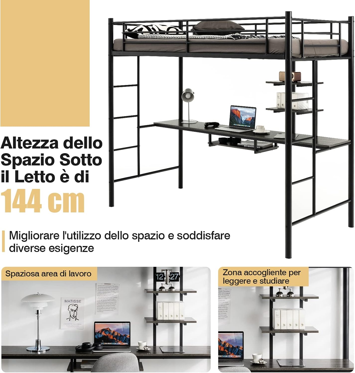 Letto a Soppalco in Metallo, Struttura del Letto Salvaspazio con 2 Scale e Scrivania, Letto a Doghe Ideale per Adolescenti e Adulti, 200x95x180,5 cm (Nero)