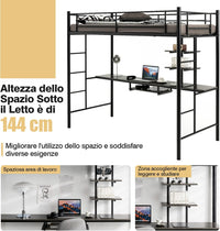 Letto a Soppalco in Metallo, Struttura del Letto Salvaspazio con 2 Scale e Scrivania, Letto a Doghe Ideale per Adolescenti e Adulti, 200x95x180,5 cm (Nero)