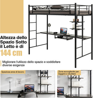 Letto a Soppalco in Metallo, Struttura del Letto Salvaspazio con 2 Scale e Scrivania, Letto a Doghe Ideale per Adolescenti e Adulti, 200x95x180,5 cm (Nero)