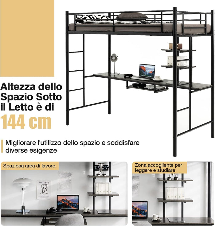 Letto a Soppalco in Metallo, Struttura del Letto Salvaspazio con 2 Scale e Scrivania, Letto a Doghe Ideale per Adolescenti e Adulti, 200x95x180,5 cm (Nero)