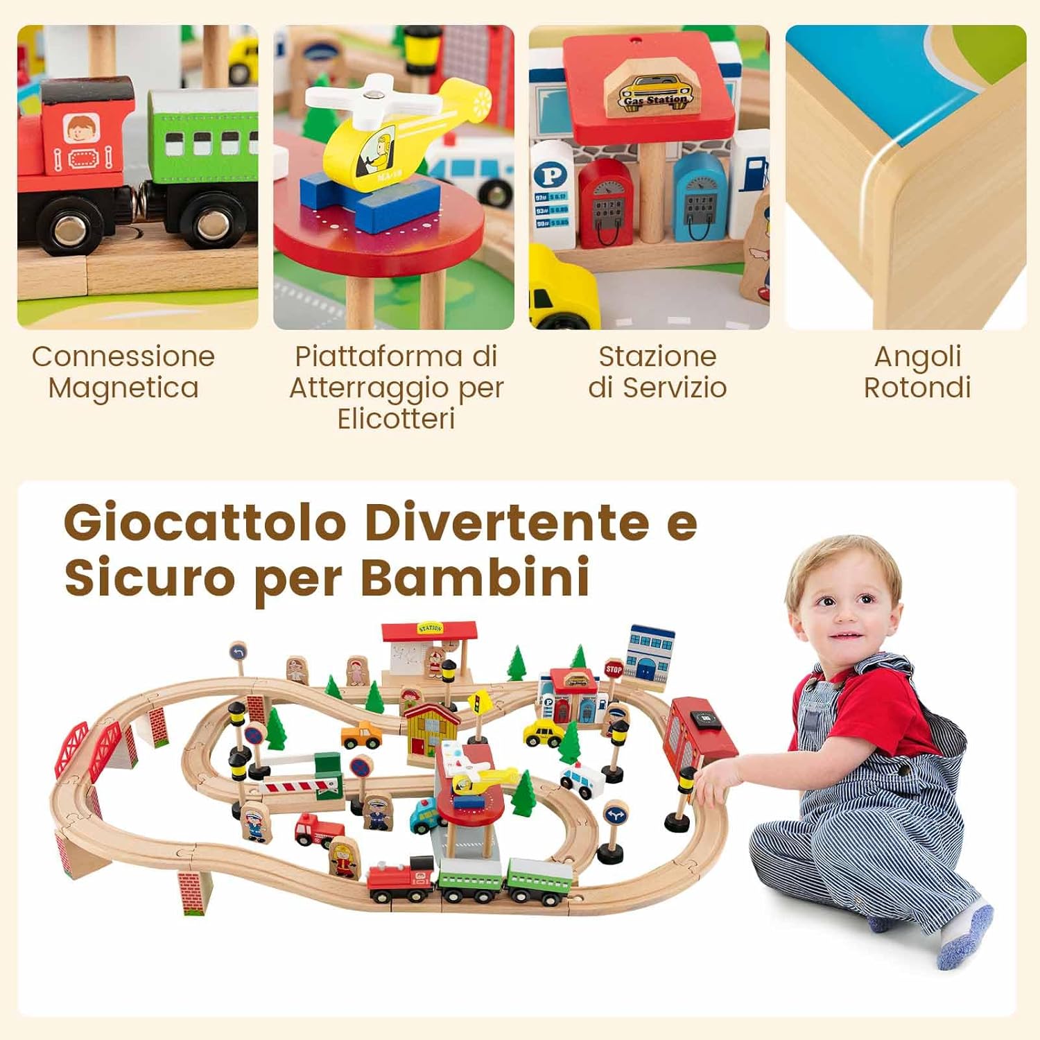 Tavolo e Set di Trenini in Legno, Tavolo Reversibile e Staccabile e Binari in Legno Massiccio, Set da Gioco Creativo 84/80 Pezzi, per Bambini 3 Anni+ (Stile 1)