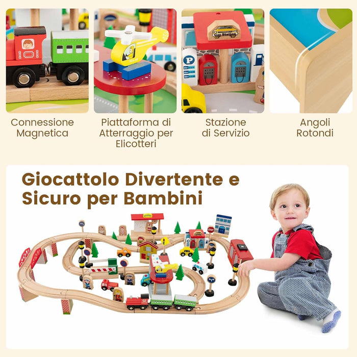 Tavolo e Set di Trenini in Legno, Tavolo Reversibile e Staccabile e Binari in Legno Massiccio, Set da Gioco Creativo 84/80 Pezzi, per Bambini 3 Anni+ (Stile 1)