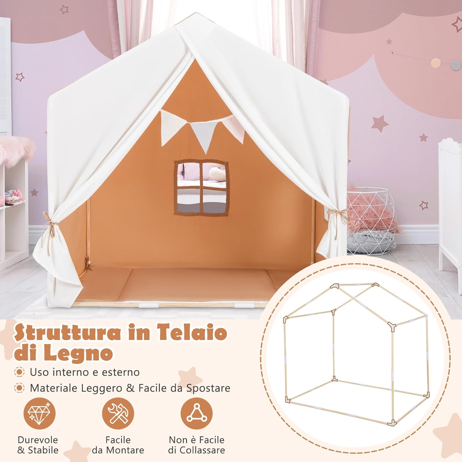 Tenda da Gioco per Bambini, Tenda per Bambini con Finestre Tappetino Lavabile in Cotone e Bandiera, Castello da Gioco per Bambini 3 Anni + (Marrone chiaro)