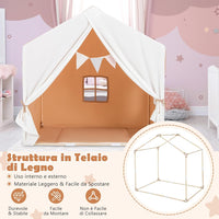 Tenda da Gioco per Bambini, Tenda per Bambini con Finestre Tappetino Lavabile in Cotone e Bandiera, Castello da Gioco per Bambini 3 Anni + (Marrone chiaro)