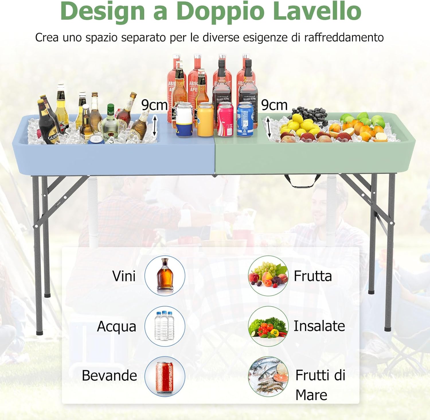 Tavolo Pieghevole Giardino 150 cm, Tavolo da Esterno con Doppi Lavelli, Tubi di Scarico, con Raffreddatore per Ghiaccio, Contenitore per Bevande, per Giardino Campeggio