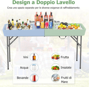 Tavolo Pieghevole Giardino 150 cm, Tavolo da Esterno con Doppi Lavelli, Tubi di Scarico, con Raffreddatore per Ghiaccio, Contenitore per Bevande, per Giardino Campeggio