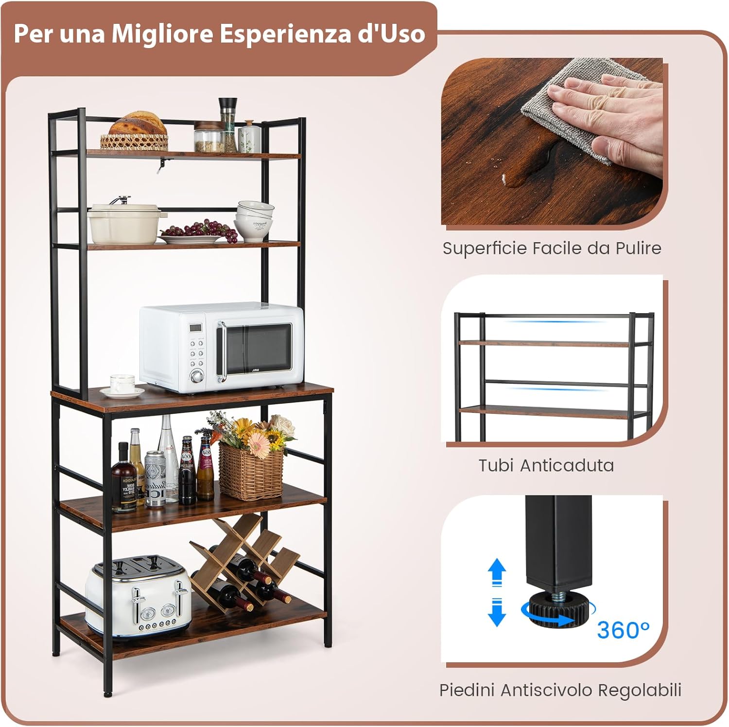 Scaffale da Cucina con 5 Ripiani, Mobile Porta Microonde con Ripiani Aperti e Dispositivo Antiribaltamento, Mobile da Cucina Alto per Soggiorno Cucina Balcone, 80x40x170 cm