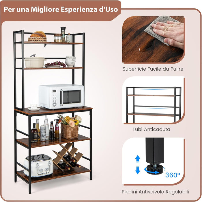 Scaffale da Cucina con 5 Ripiani, Mobile Porta Microonde con Ripiani Aperti e Dispositivo Antiribaltamento, Mobile da Cucina Alto per Soggiorno Cucina Balcone, 80x40x170 cm