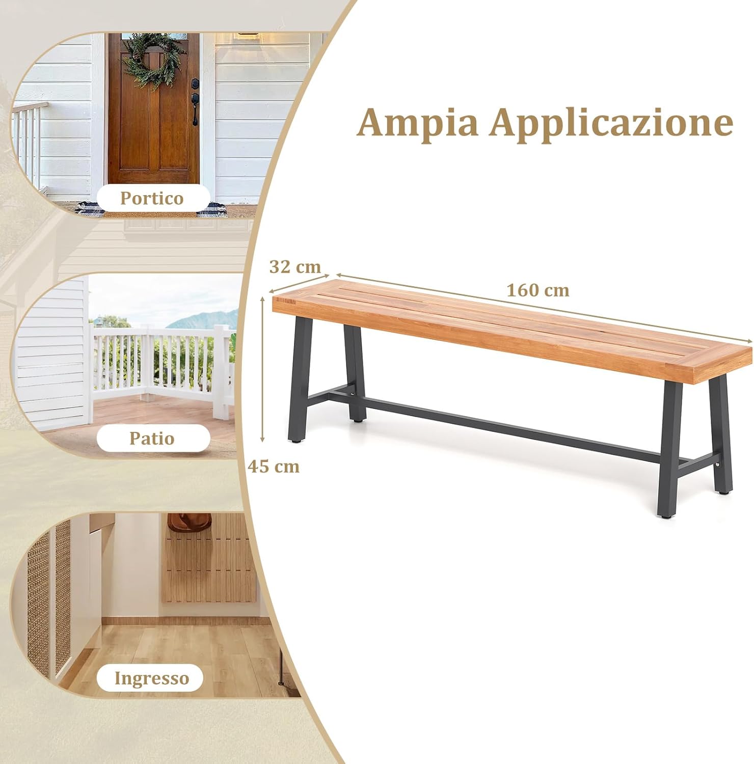 Panchina da Giardino in Legno di Acacia a 3 Posti, Panca da Esterno Senza Schienale con Gambe in Metallo, Panca Capacit¨¤ di 360 kg per Ingresso, Cortile e Balcone, 160 x 32 x 45 cm