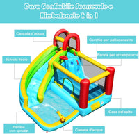 Castello Gonfiabile 6 in 1 per Bambini, Parco Acquatico con Trampolino, Parete di Arrampicata, Piscina, Scivolo, Cannone ad Acqua, Canestro Basket, Pallone e Borsa di Trasporto, 320x305x213cm
