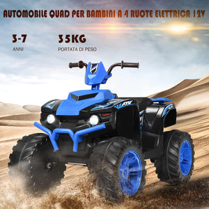 12 V Quad Elettrico per Bambini, Auto Elettrica Cavalcabile con Luci LED e Musica, Velocità Fino a 5km/h, per Bambini 3-7 Anni (Blu)