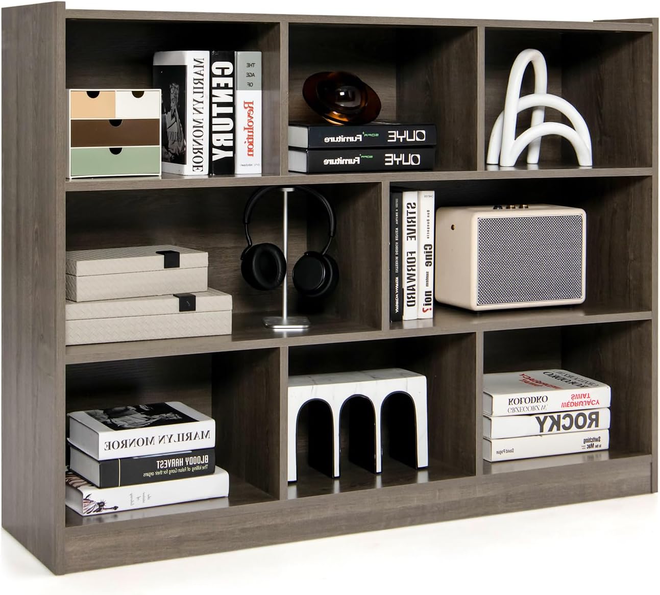 Scaffale Multiuso a 3 Livelli, Mobiletto Espositore Moderno a 8 Cubi, Libreria di Legno per Bambini, Organizer Giocattoli per Camera da Letto, Soggiorno, Studio (Grigio)