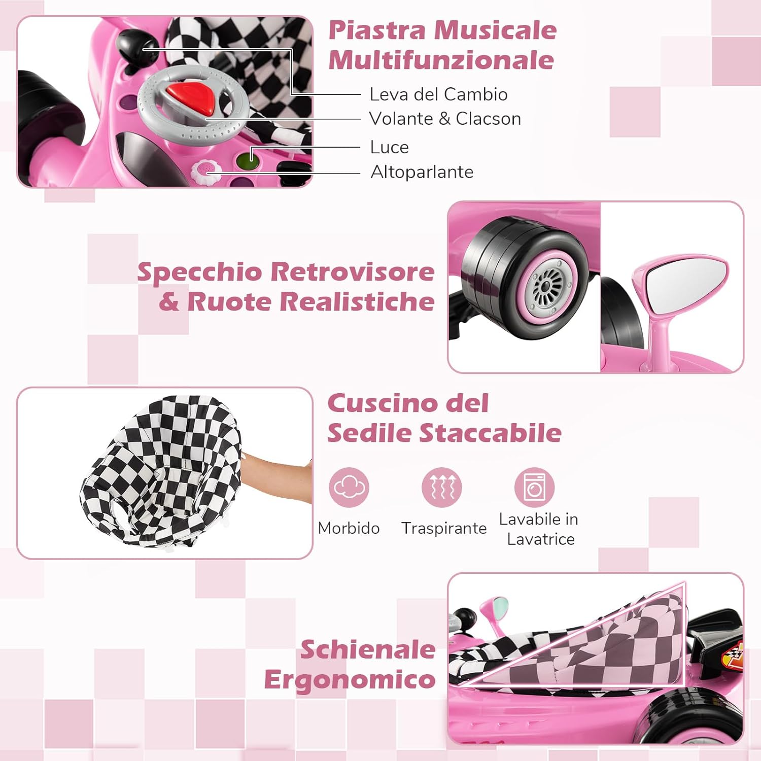 4 in 1 Girello per Bambini, Primi Bassi per Neonati con Altezza Regolabile, Girello Pieghevole con Vassoio Rimovibile, Musica e Luci, per Bambini 6+ Mesi (Rosa)