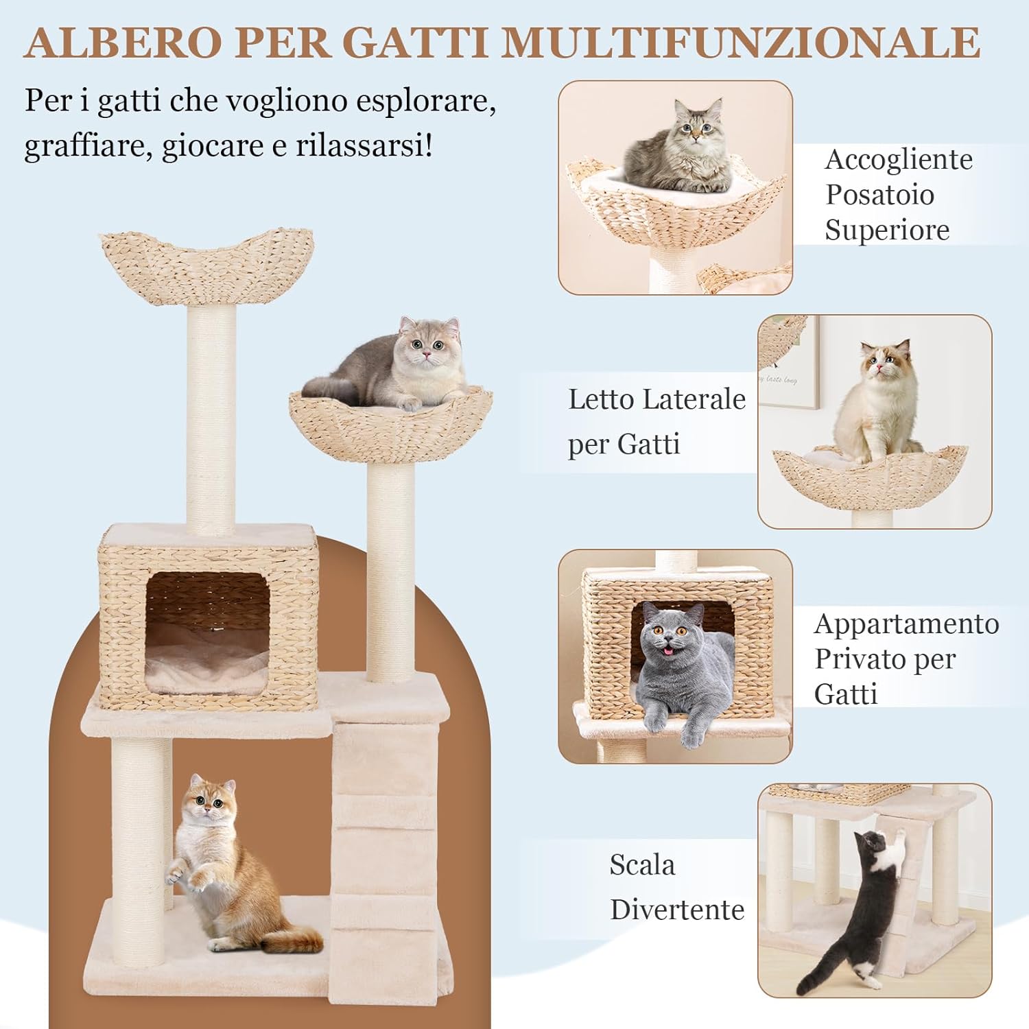Tiragraffi per Gatti 122cm, Albero per Gatti con Posti per Graffiare in Sisal, Cuccia in Velluto a Coste, Scala e Cuscini Lavabili, Torre Cattail per Animali Domestici, Beige e Naturale