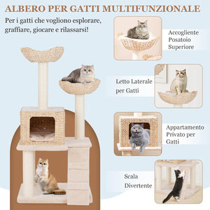 Tiragraffi per Gatti 122cm, Albero per Gatti con Posti per Graffiare in Sisal, Cuccia in Velluto a Coste, Scala e Cuscini Lavabili, Torre Cattail per Animali Domestici, Beige e Naturale