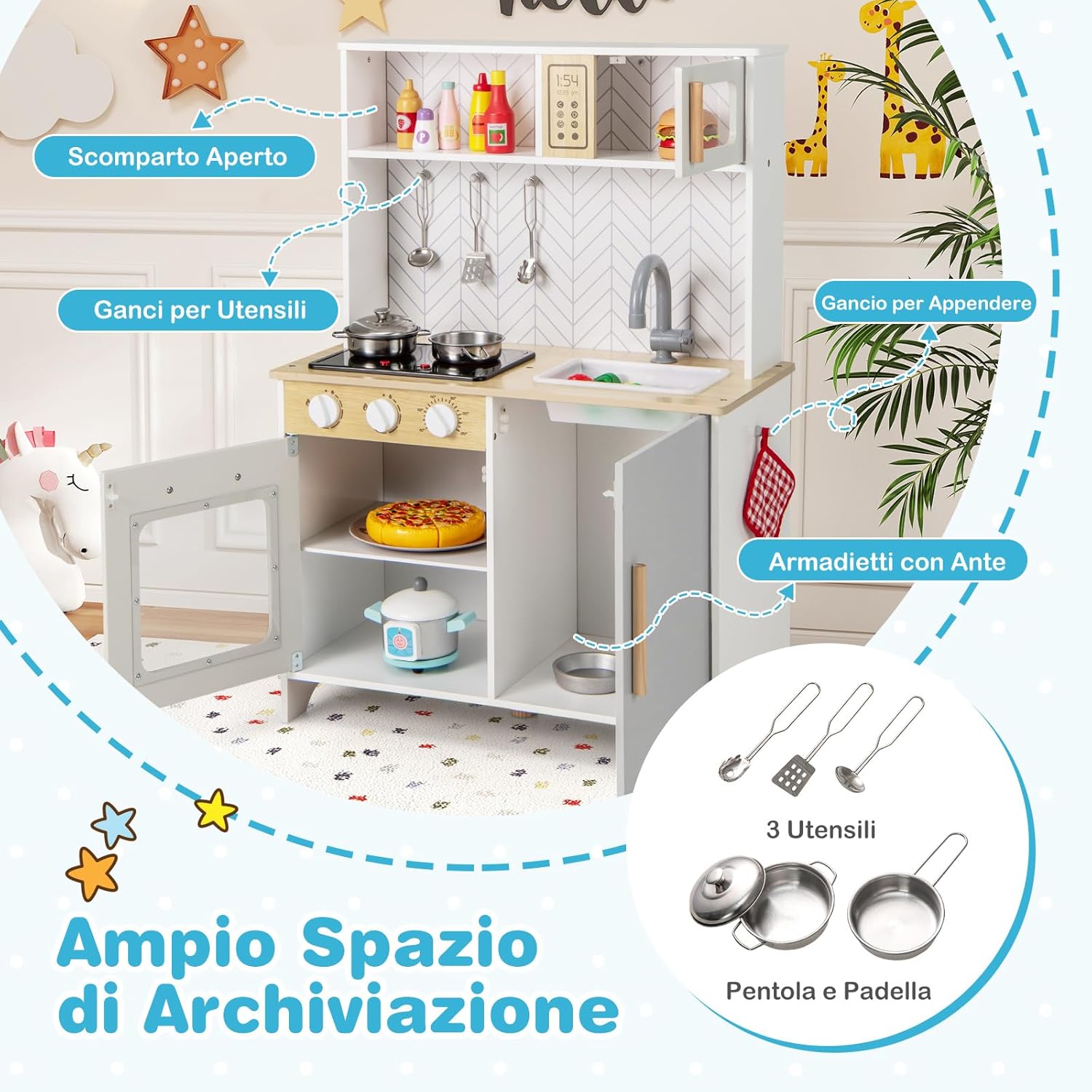 Cucina Giocattolo con Fornelli a Suoni e Luci Reali, Cucina per Bambini in Legno con Lavandelo Estrabile, Microonde e Forno, Set Cucina con Accessori, 60 x 30 x 85 cm, per Bambini 3+ Anni