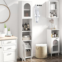 Mobiletto da Bagno, Armadio Alto in Legno con 2 Ante in Vetro Scanalato e Ripiani Regolabile, 35 x 30 x 180 cm, Mobile Salvaspazio per Cucina e Soggiorno