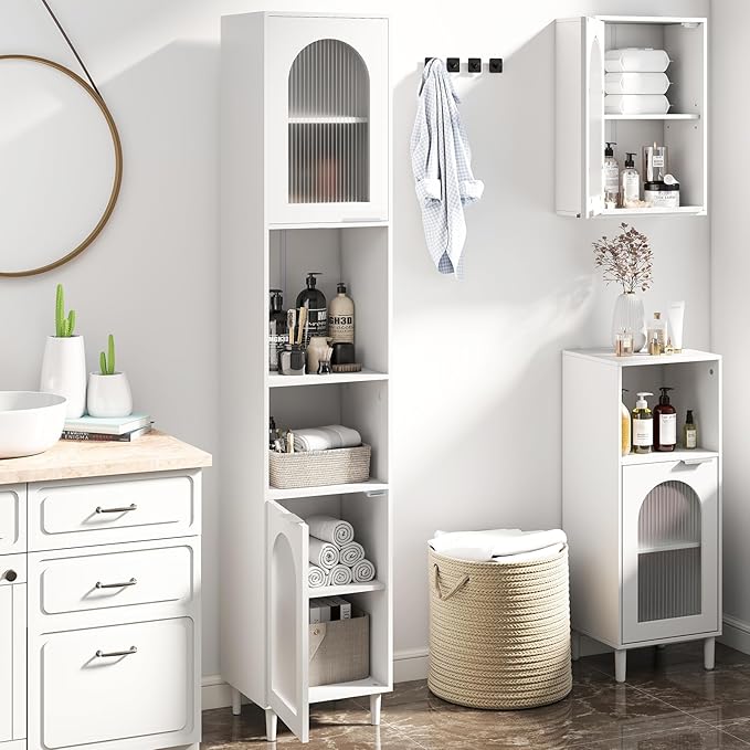 Mobiletto da Bagno, Armadio Alto in Legno con 2 Ante in Vetro Scanalato e Ripiani Regolabile, 35 x 30 x 180 cm, Mobile Salvaspazio per Cucina e Soggiorno