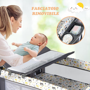 5-in-1 Lettino da Campeggio con Materasso, Lettino per Bambini con Fasciatoio, Lettino Pieghevole e Portabile, Altezza Regolabile in 5 Livelli, per Bambini 0-36 Mesi (Grigio+Beige)