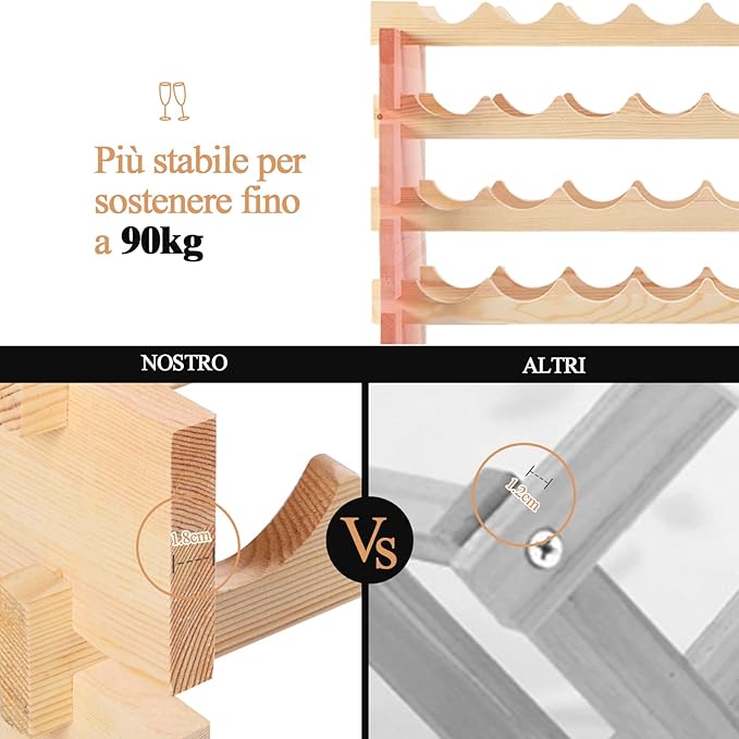 Portabottiglie per Vino in Legno, Scaffale per 72 Bottiglie di Vino, Cantinetta Porta Vino, Naturale (119 x 29 x 71,5 cm)