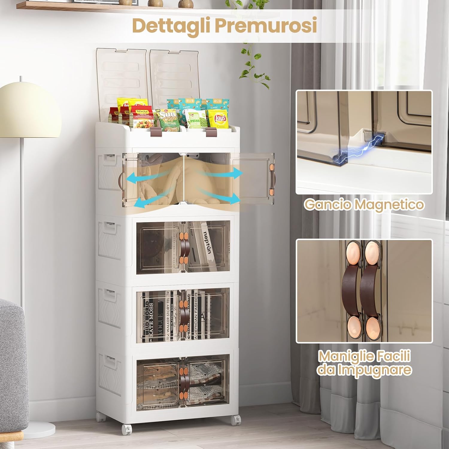 Scatole di Stoccaggio Pieghevoli con Coperchio, Set da 3/4 Contenitori con Ruote, Scatole Pieghevoli Organizer per Armadio con Porte Magnetiche ad Apertura Frontale, Multiuso(4 Livelli)