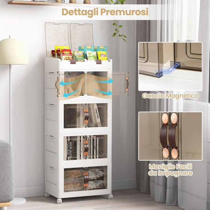 Scatole di Stoccaggio Pieghevoli con Coperchio, Set da 3/4 Contenitori con Ruote, Scatole Pieghevoli Organizer per Armadio con Porte Magnetiche ad Apertura Frontale, Multiuso(4 Livelli)