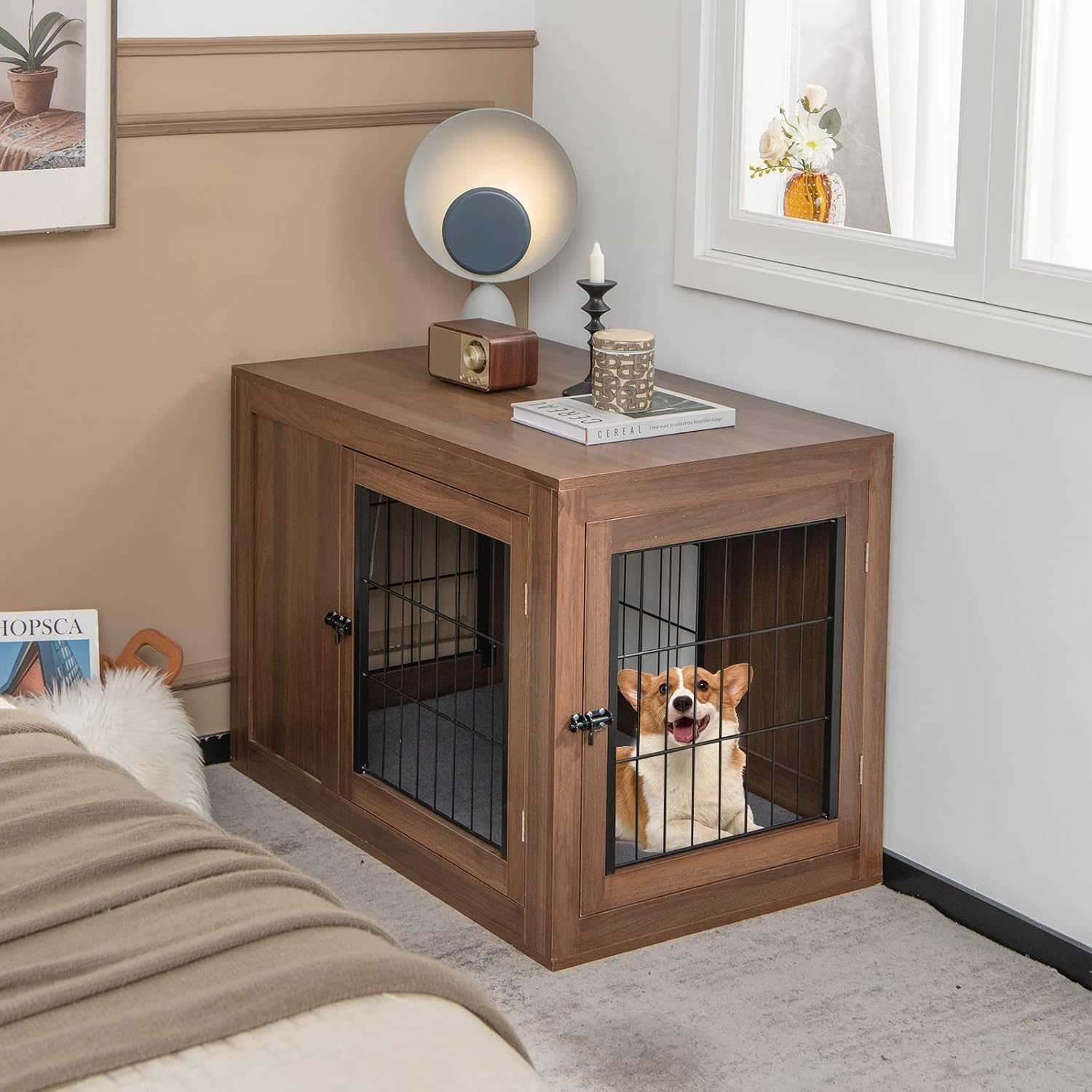 Gabbia per Cani con Doppie Porte Bloccabili, Cuccia in Legno per Cani con Cusino e Rete Metallica Antimorso, Kennel per Cani di Piccola e Media Taglia, per Uso Interno, 92 x 59 x 66,5 cm