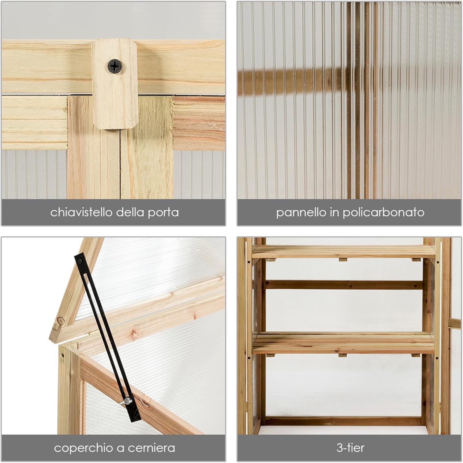 Mini Serra da Giardino a 3 Ripiani in Legno, Serra da Esterno e Interno per Piante e Orto con Coperchio e Ante Apribili, Mini Serra da Giardino e Balcone, 60 x 45 x 100 cm