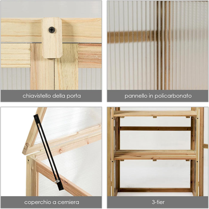 Mini Serra da Giardino a 3 Ripiani in Legno, Serra da Esterno e Interno per Piante e Orto con Coperchio e Ante Apribili, Mini Serra da Giardino e Balcone, 60 x 45 x 100 cm