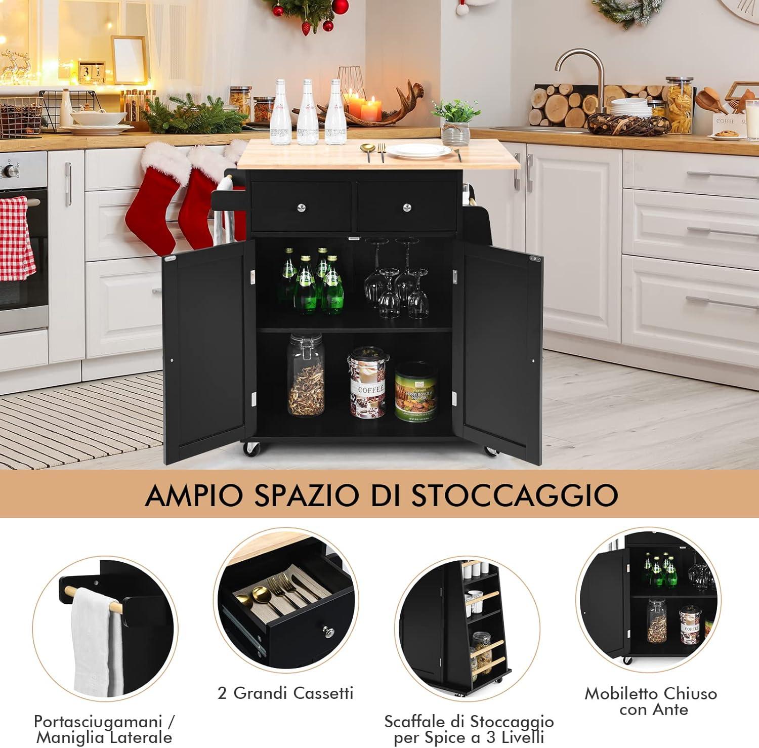 Carrello Cucina con Ruote, Carrello di Servizio con 2 Cassetti e Portaspezie, Portasciugamani e 2 Porte, Ideale per Casa Ristorante e Bar, 88x45x89,5 cm (Nero)