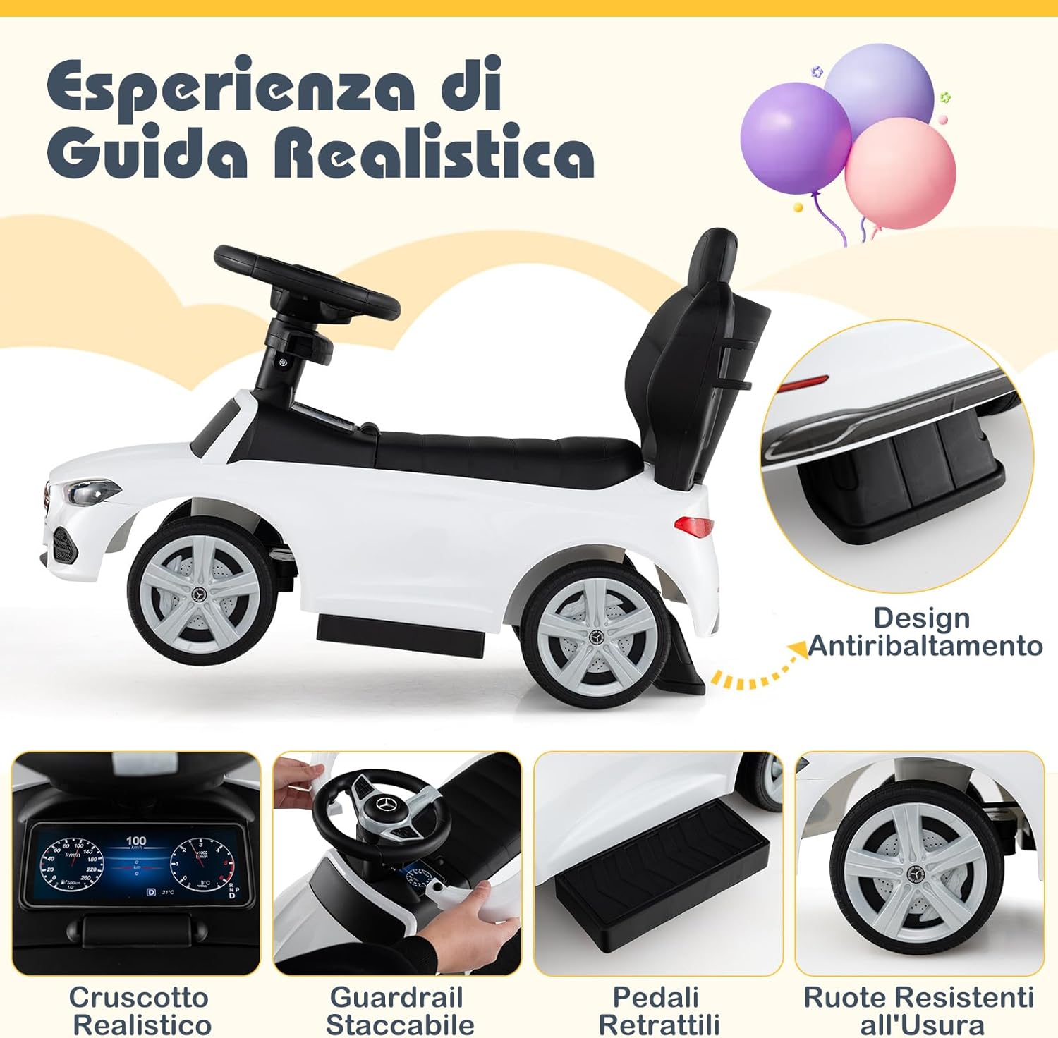 3 in 1 Auto a Spinta, Mercedes-Benz Macchina Cavalcabile, con Schienale Regolabile Suono Barra di Spinta e Tettuccio, per Bambini 18-36 Mesi (Bianco)