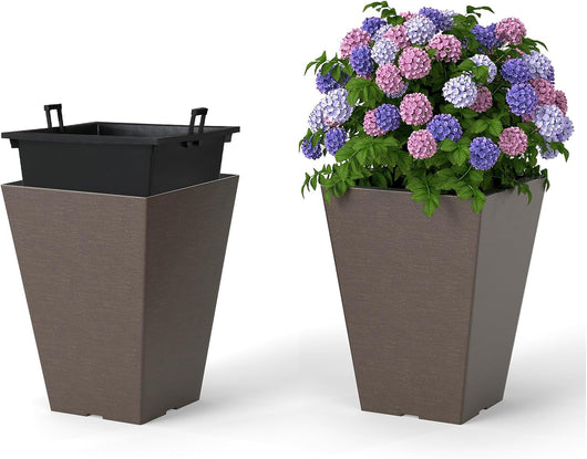 2 Vasi Alti Quadrati, Vasi da Fiori Auto-irriganti con Secchio Interno Rimovibile e Fori di Drenaggio, Contenitori Decorativi per Piante da Interno ed Esterno (25 x 25 x 35 cm)