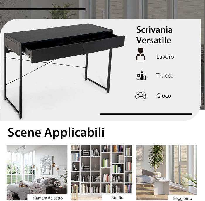 Scrivania per Computer con 2 Cassetti, Scrivania Porta PC con Telaio in Metallo e Legno, Posizione da Lavoro per Studio e Ufficio, Portata 100 kg, 112 x 48 x 76 cm (Nero)