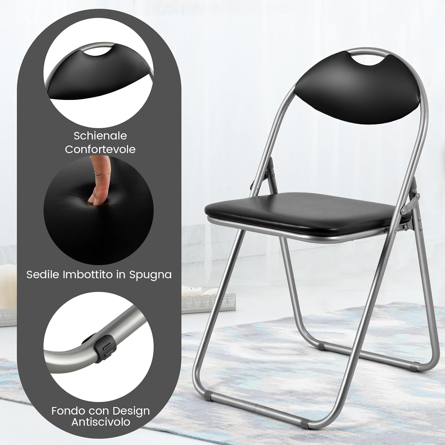 Set di 4 Sedie Pieghevoli Imbottite e Struttura in Metallo, Sedie da Pranzo Salvaspazio con Antiscivoli, Sedie Sala Riunione per Interno ed Esterno, 47 cm x 46 cm x 80 cm (Nero)