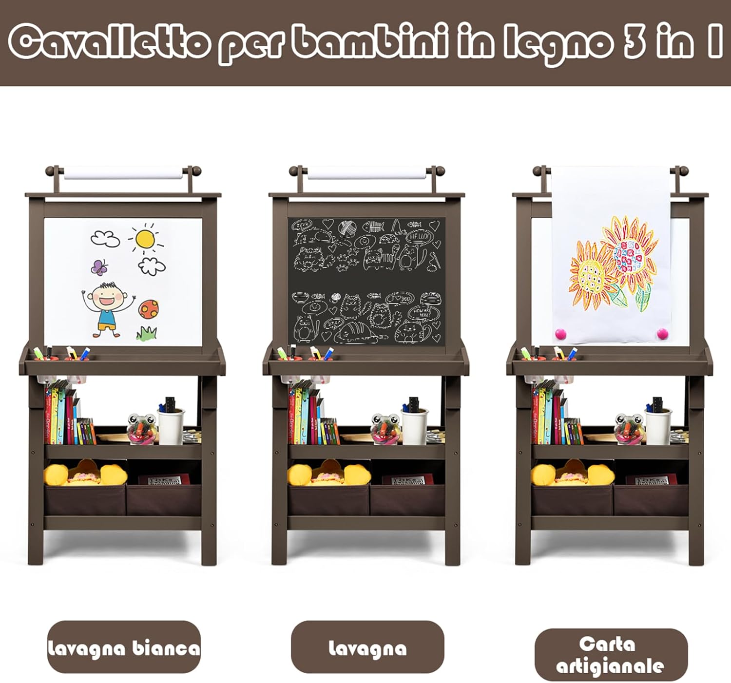 3 in 1 Cavalletto per Bambini con Doppia Faccia, Cavalletto per Disegno con 2 Vassoi e 2 Scatole, Lavagna Bambini in Legno (caffè)