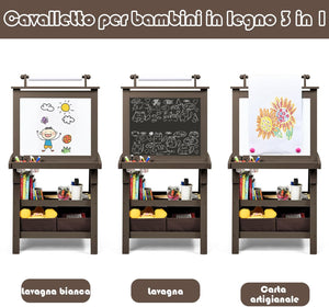 3 in 1 Cavalletto per Bambini con Doppia Faccia, Cavalletto per Disegno con 2 Vassoi e 2 Scatole, Lavagna Bambini in Legno (caffè)