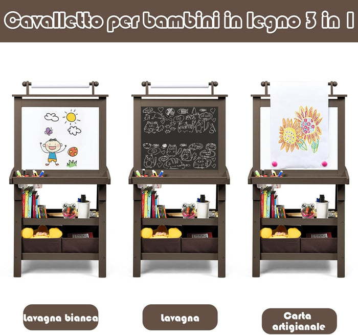 3 in 1 Cavalletto per Bambini con Doppia Faccia, Cavalletto per Disegno con 2 Vassoi e 2 Scatole, Lavagna Bambini in Legno (caffè)