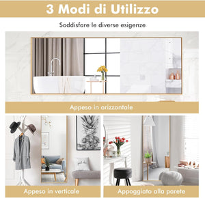 2 in 1 Specchio Lungo da Parete, Specchio a Figura Intera con Telaio Rettangolare in Alluminio e Vetro Antiesplosione, Specchio da Terra per Ingresso Bagno, 56 x150 cm (Oro)