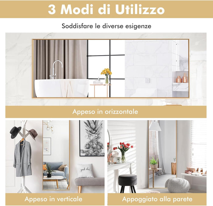 2 in 1 Specchio Lungo da Parete, Specchio a Figura Intera con Telaio Rettangolare in Alluminio e Vetro Antiesplosione, Specchio da Terra per Ingresso Bagno, 56 x150 cm (Oro)