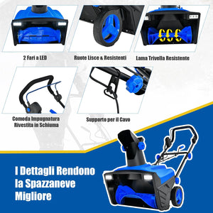 Spazzaneve Elettrico da Terra con Doppie Luci, Fresa da Neve con Scivolo Rotante a 180°, Distanza di Lancio 9 m, Macchina Sgombraneve per Giardino, Blu