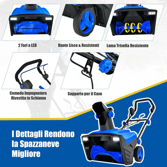 Spazzaneve Elettrico da Terra con Doppie Luci, Fresa da Neve con Scivolo Rotante a 180°, Distanza di Lancio 9 m, Macchina Sgombraneve per Giardino, Blu